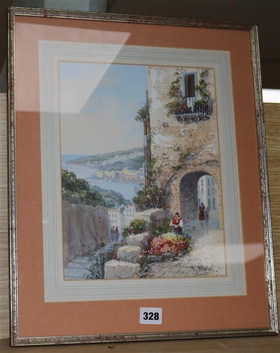Gianni, gouache, The Amalfi Coast, indistinctly signed, 30 x 23cm